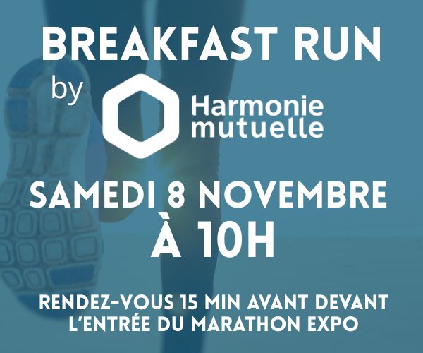 Breakfast run by logo Harmonie Mutuelle - samedi 8 novembre à 10 h - RDV 15 mn avant devant l'entrée du Marathon Expo
